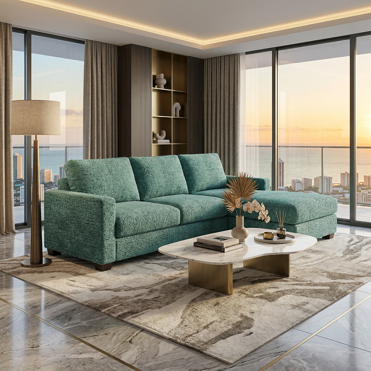 Damon L-Shaped Sectional Sofa – 120" Chaise Sectional in Fabric & Velvet - Hepburn Emerald - Fabric (7)