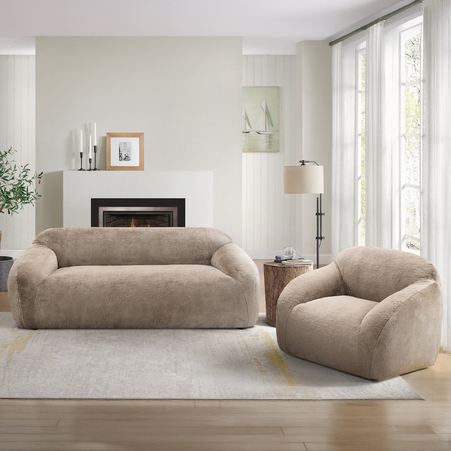 Adell Faux Fur 2-Piece Living Room Set – 84" Sofa & Swivel Chair Set