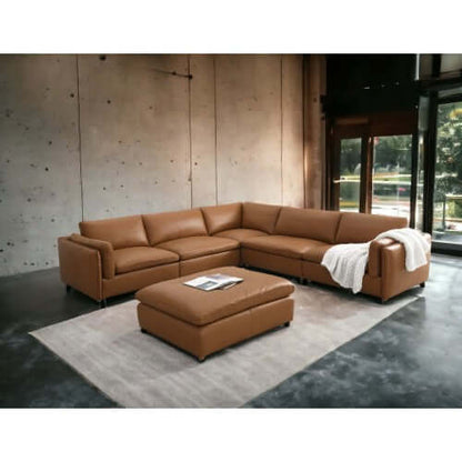 Brighton Leather 5 Piece Modular Corner Sofa Sectional 142' in brown leather, elegantly arranged in modern living room setting.