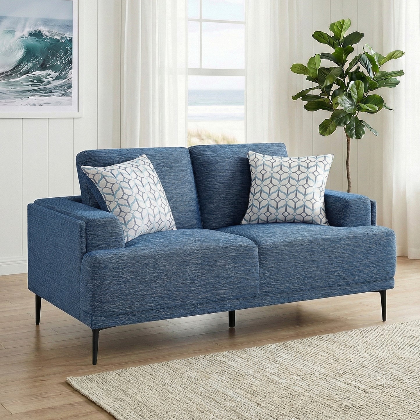 Ellery Chenille Loveseat – 63.5" Blue Contemporary 2-Seat Sofa with Pillows