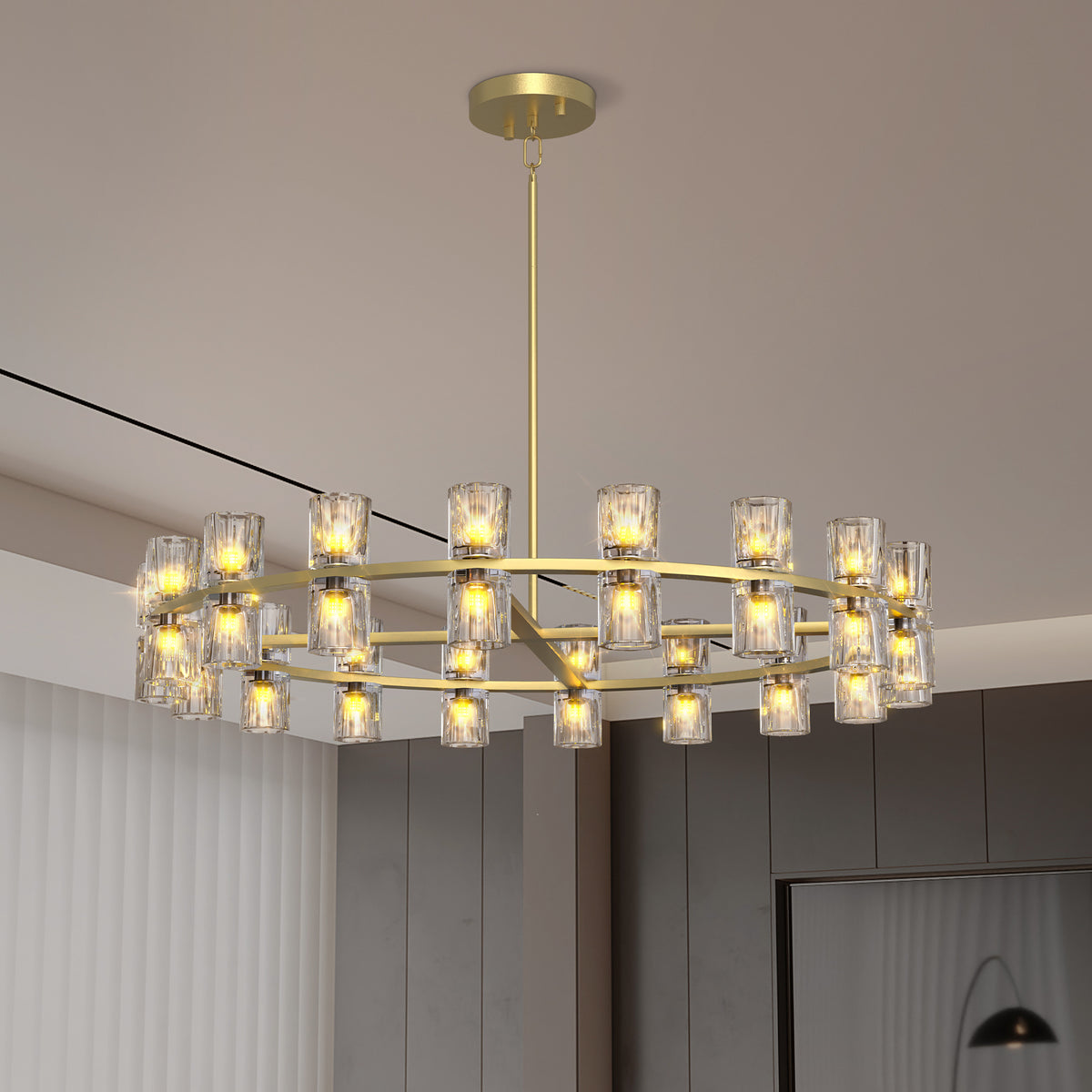 Modern 36" Gold Round Chandelier Light Fixture, K9 Crystal Chandeliers Living Room, Dining Room Chandeliers Over Table