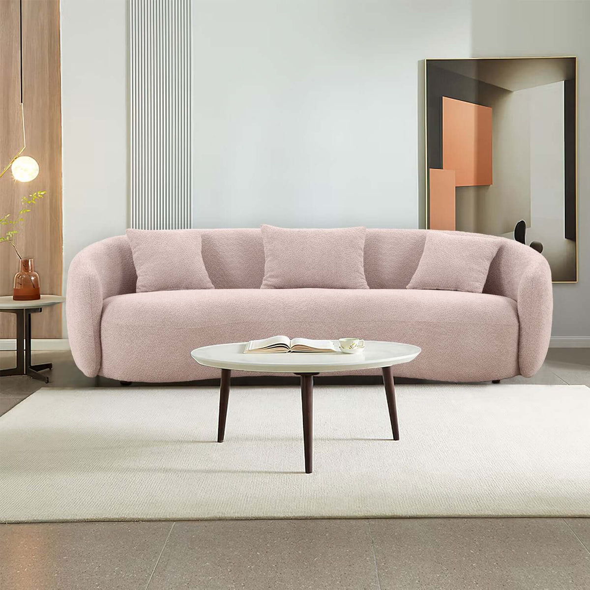 Modern Boucle Curved Sofa 94" – Sculptural 3-Seater Upholstered Couch (4 Colors) in a stylish living room setting.