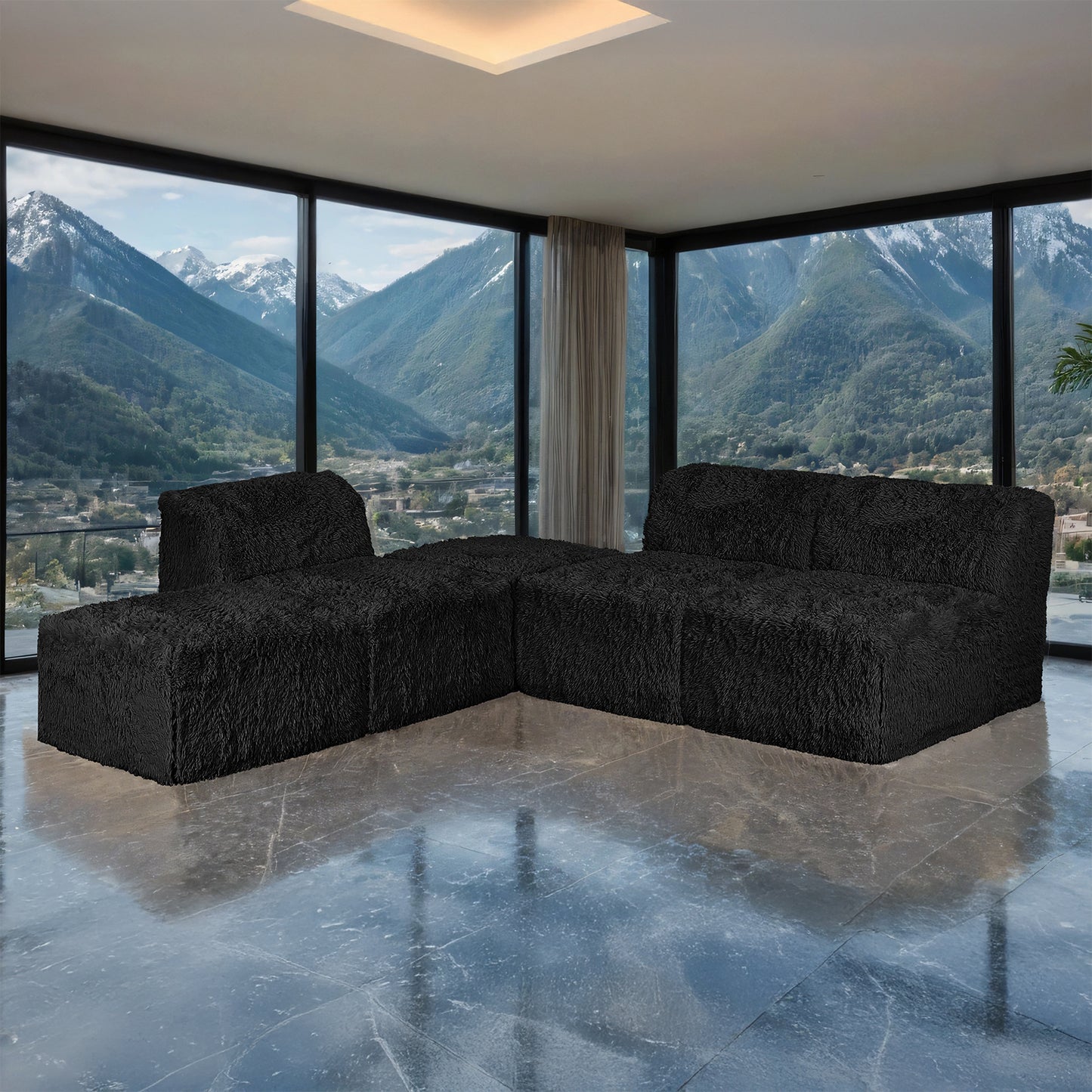 Dashiell Faux Fur Modular Sectional – Black Armless Chair & Ottoman Set