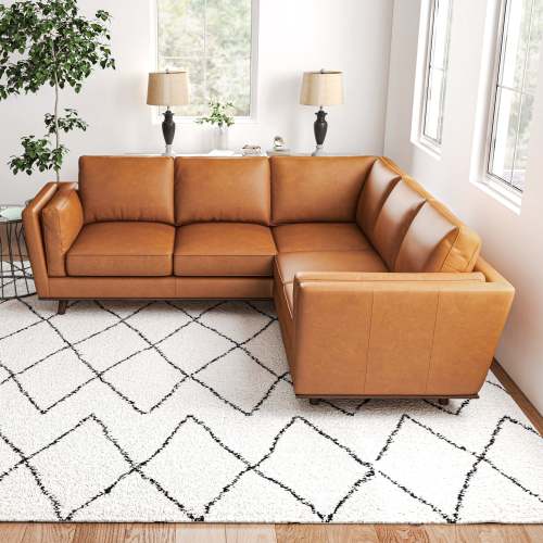 Erman MCM Genuine Leather Corner Sofa Sectional 89" – Mid-Century Modern Leather Sectional in a bright living room setting.