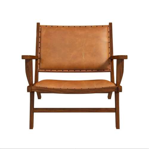 The Hendrix MCM Leather Upholstered Wood Armchair by Ashcroft Furniture Co features a solid wood frame, angled legs, wide armrests, and light brown genuine leather with visible seat and backrest stitching. Available in 2 colors.