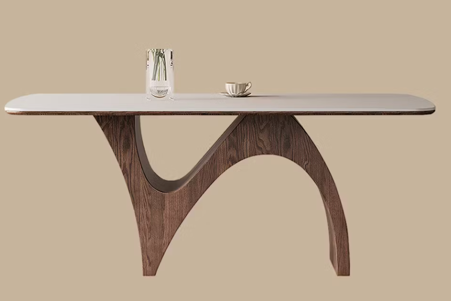Fallon White Stone-Top Dining Table – 63" Sculptural Wood Base Dining Table