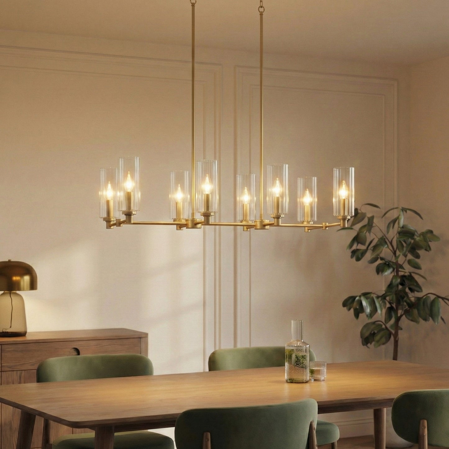 Willow Satin Brass Eight-Light Island Pendant – 36" Clear Ribbed Glass Linear Light