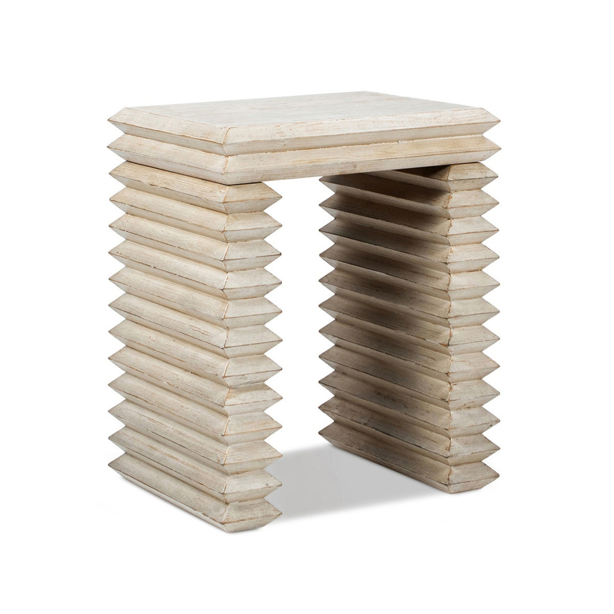Veda 20" Reclaimed Wood Stacked Geometric Waterfall Side Table in Whitewashed Natural Reclaimed Pine Wood