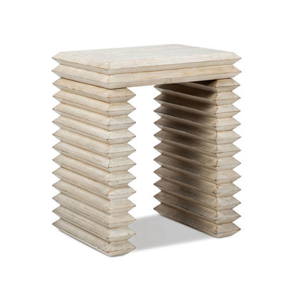 Veda 20" Reclaimed Wood Stacked Geometric Waterfall Side Table in Whitewashed Natural Reclaimed Pine Wood