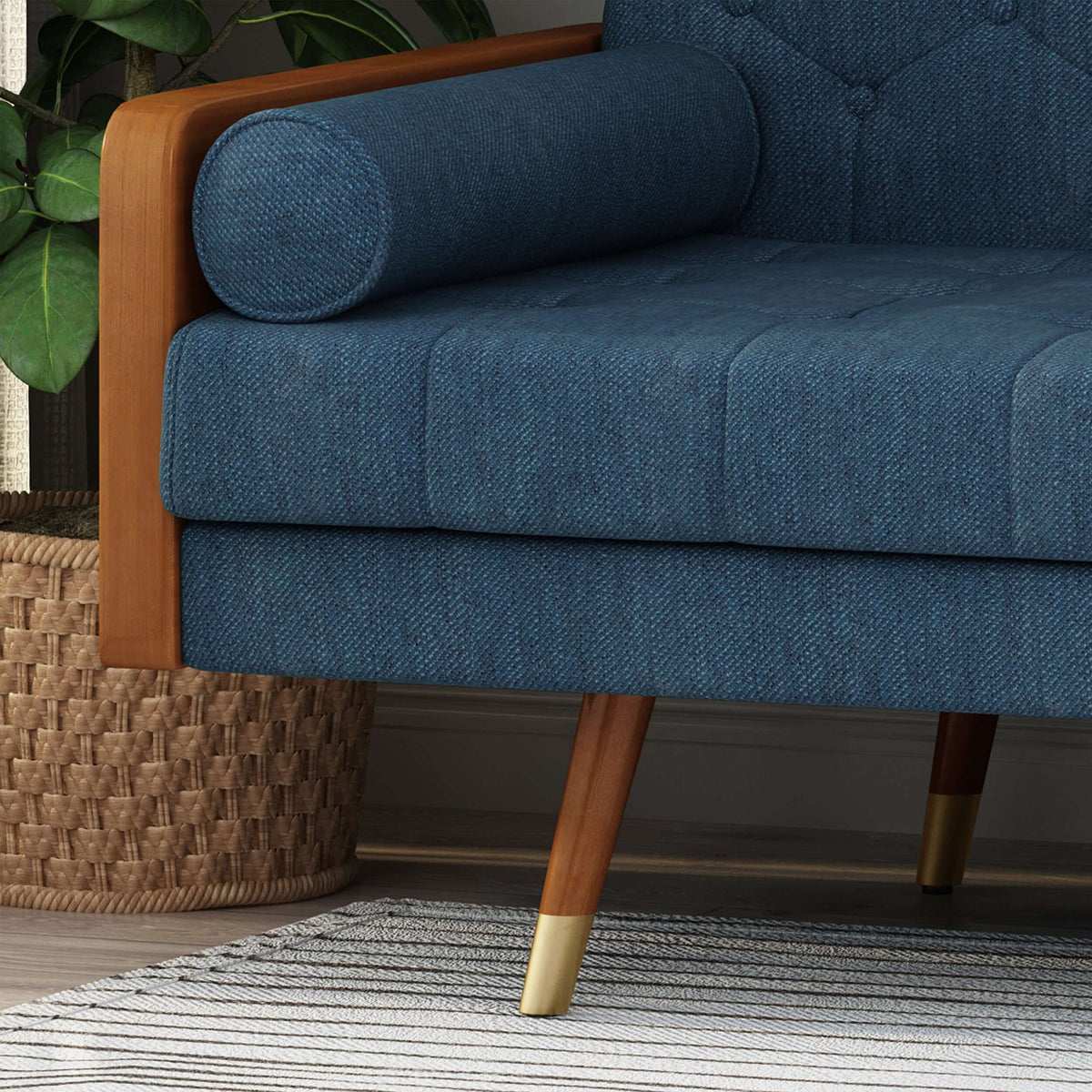 Modern Tufted Fabric Loveseat Sofa 72" – Compact 2-Seater Couch for Small Spaces with navy upholstery and wood accents.