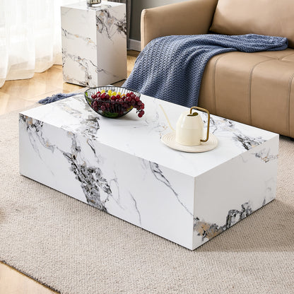 Winnie Marble-Pattern Coffee Table – 39" Modern Accent Table in White MDF