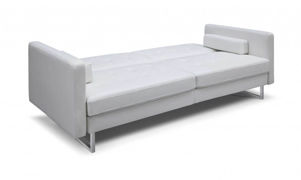 80" White Faux Leather Sleeper Sofa With Silver Legs, stylish and comfortable, perfect for any room decor.