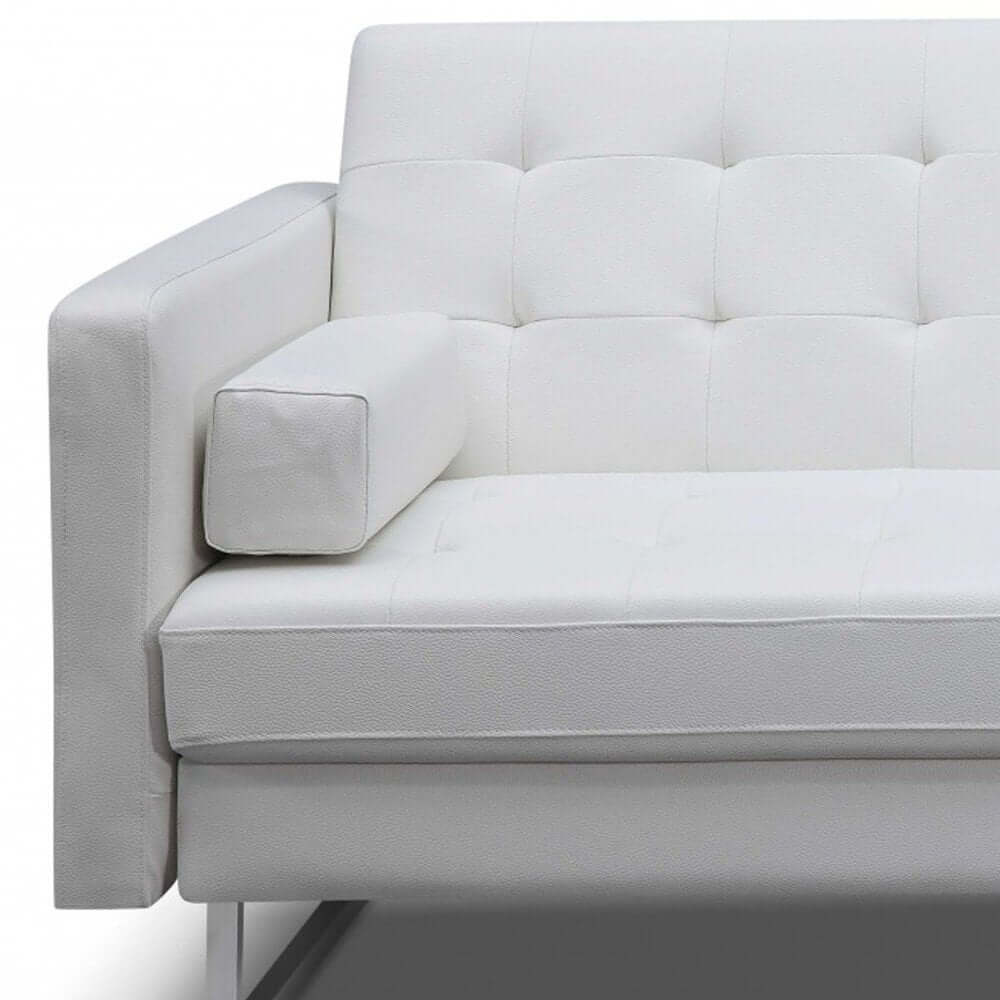 80" White Faux Leather Sleeper Sofa With Silver Legs showing comfortable arm and tufted seat design.