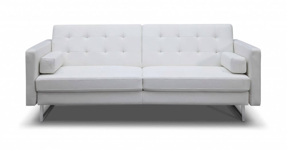 80" White Faux Leather Sleeper Sofa With Silver Legs front view, featuring square arms and modern design.