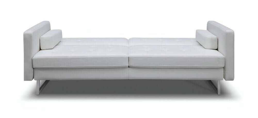 80" White Faux Leather Sleeper Sofa With Silver Legs featuring sleek design and comfortable square arms.