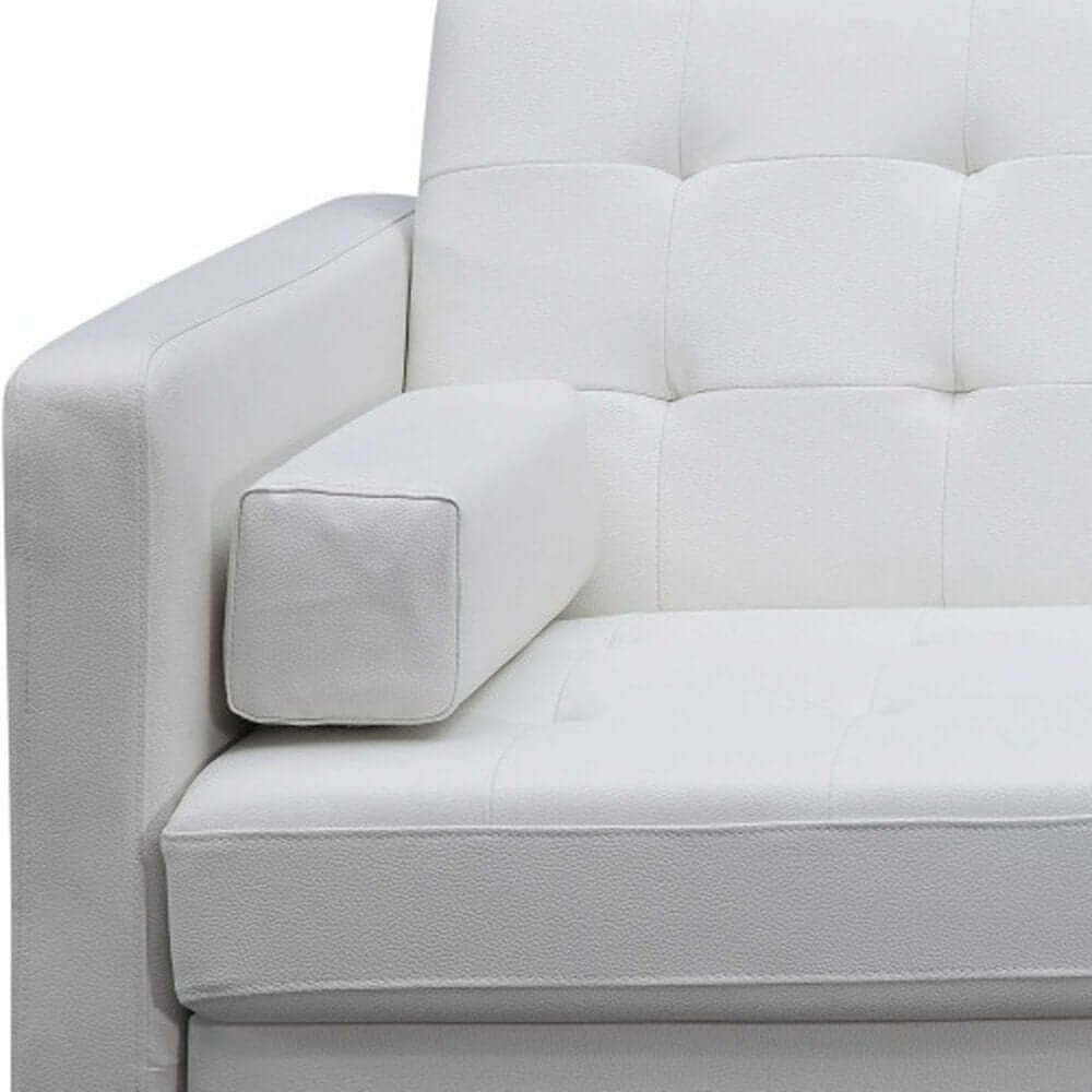 Close-up of 80" White Faux Leather Sleeper Sofa With Silver Legs showing plush armrest and white tufted upholstery.