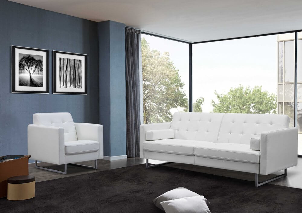 80" White Faux Leather Sleeper Sofa With Silver Legs in modern living room setting with decorative art.