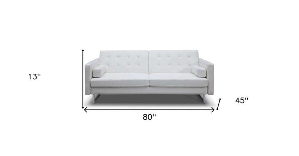 80" White Faux Leather Sleeper Sofa With Silver Legs dimensions 13" H x 80" W x 45" D
