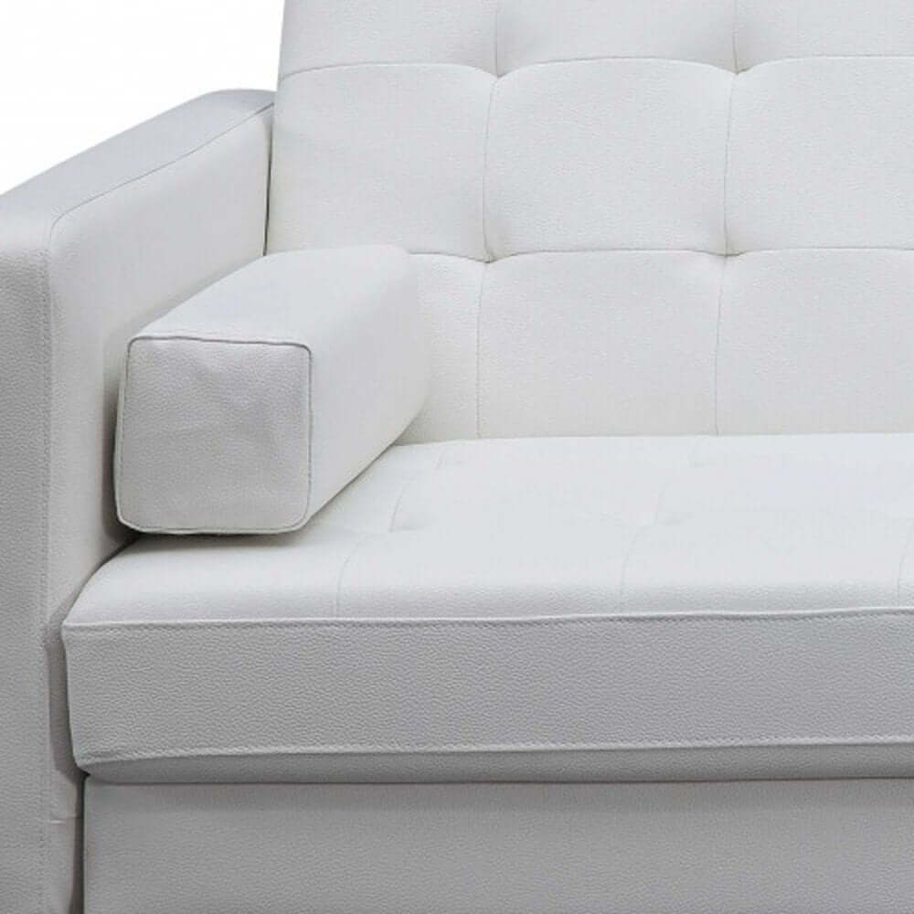 80" White Faux Leather Sleeper Sofa With Silver Legs close-up view showcasing white faux leather and armrest.