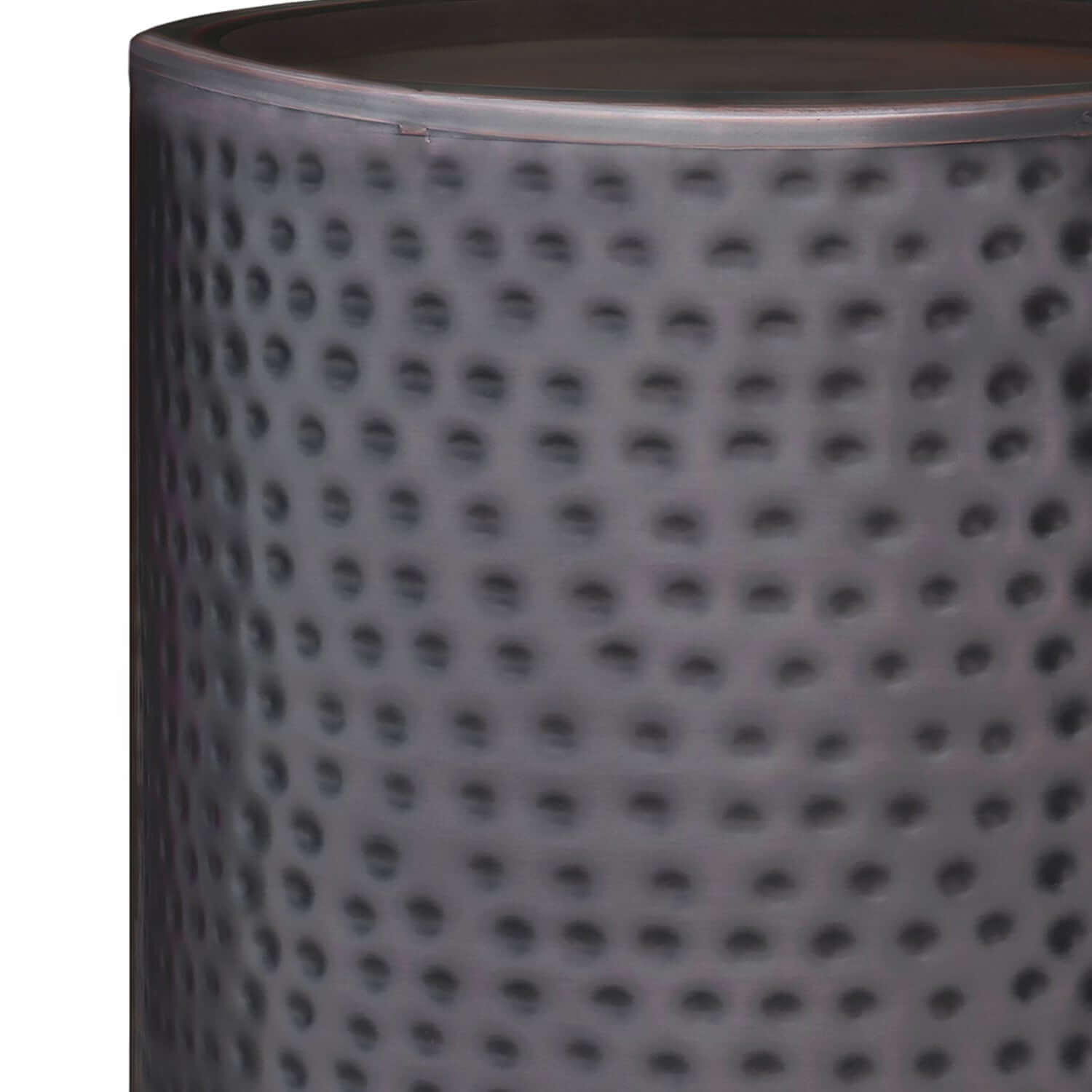 Corbin Hammered Antique Metal Cylindrical Side Table in rich antique copper finish, showcasing a hand-hammered texture.