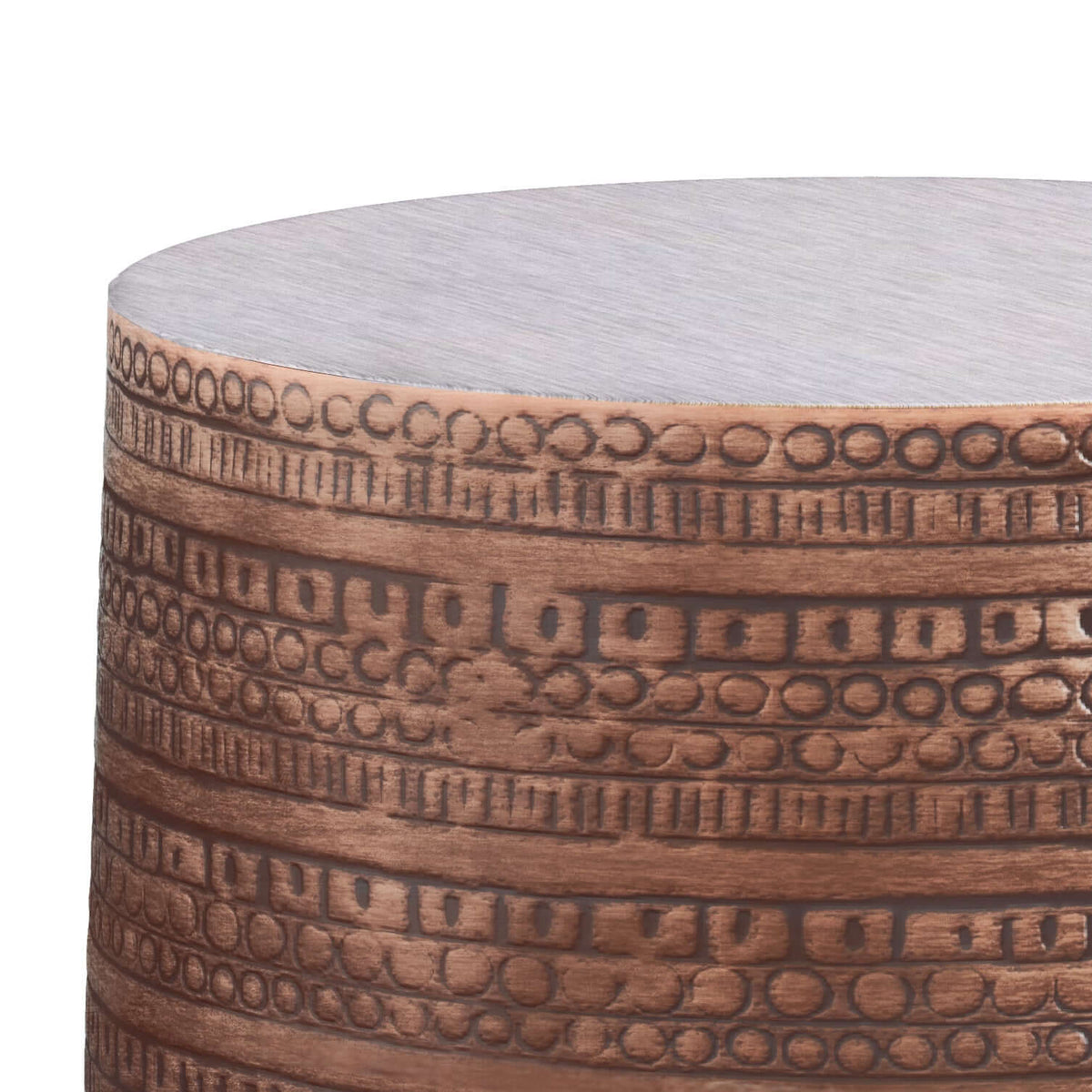 Engraved Antique Copper Round Accent End Table 15W with intricate design and rich copper finish