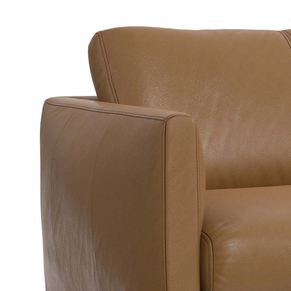 81" Leather Sofa with Black Legs | Modern Leather Living Room Couch armrest detail in brown leather.