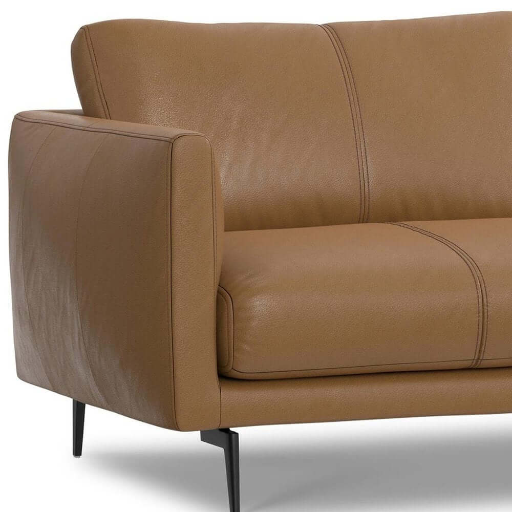 81" Leather Sofa with Black Legs | Modern Leather Living Room Couch - Close-up of the armrest and upholstery.