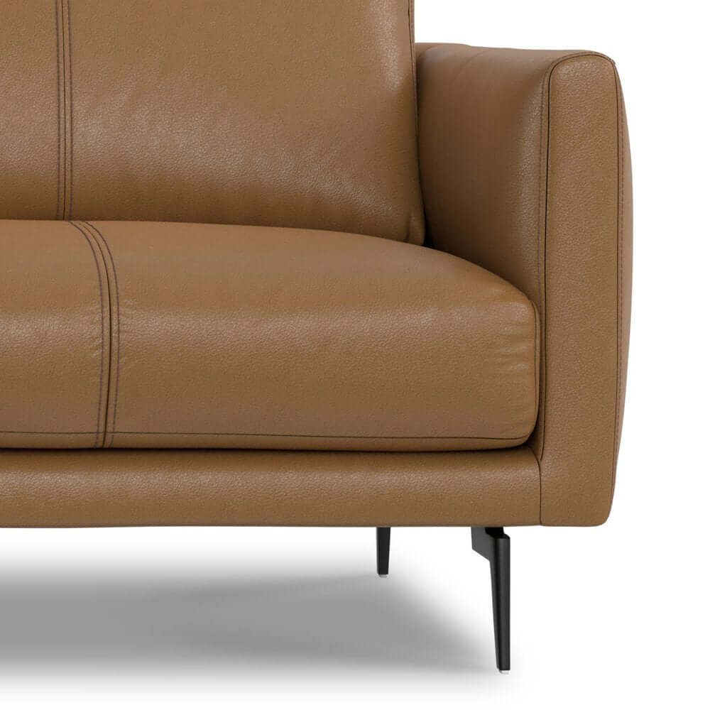 81" Leather Sofa with Black Legs | Modern Leather Living Room Couch - Close-up of brown leather and black legs.