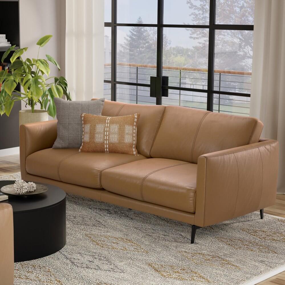 81" Leather Sofa with Black Legs | Modern Leather Living Room Couch in a stylish living area.