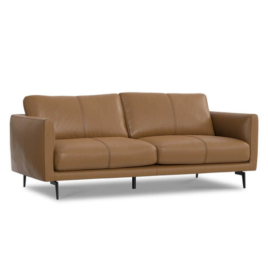 81" Leather Sofa with Black Legs | Modern Leather Living Room Couch in soft brown leather and sleek black legs.
