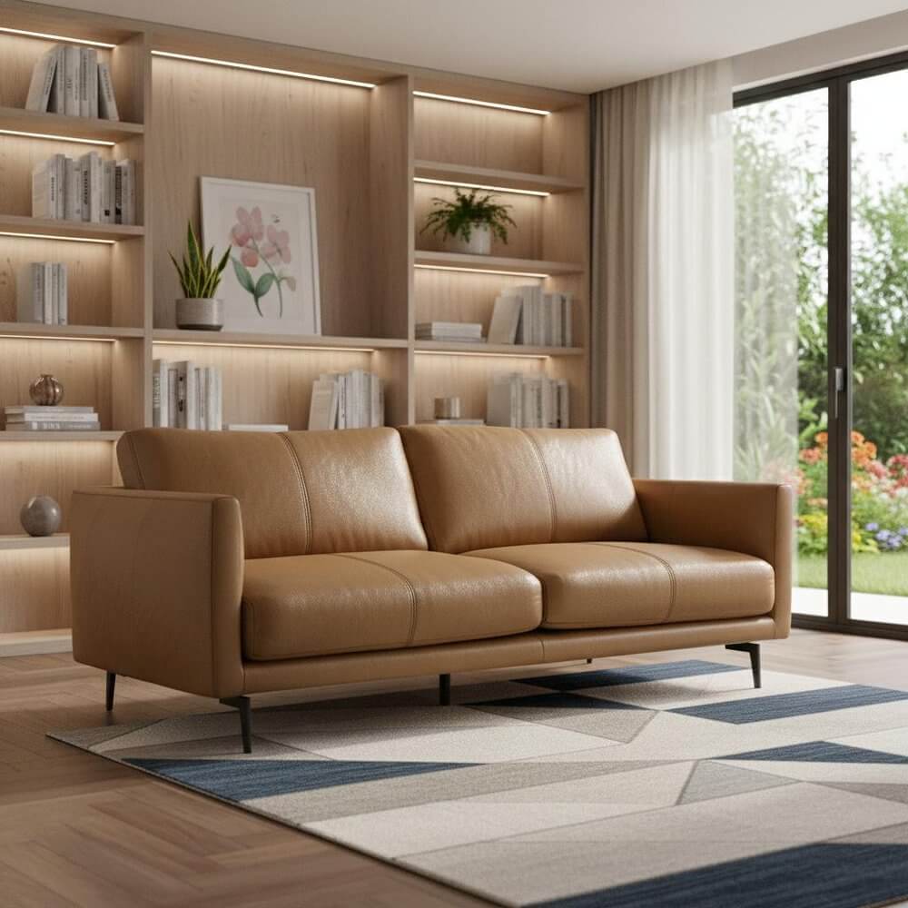 81" Leather Sofa with Black Legs | Modern Leather Living Room Couch in a stylish living room setting.