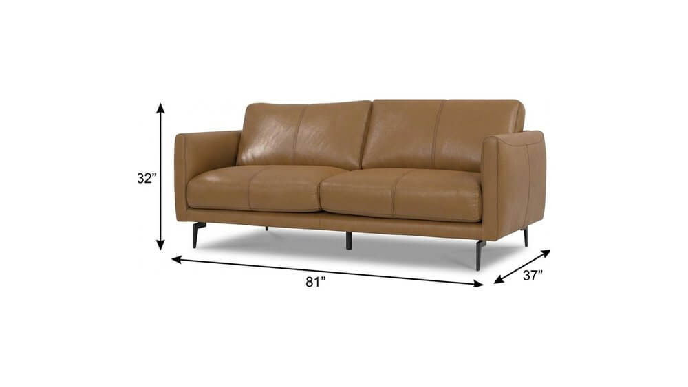 81" Leather Sofa with Black Legs | Modern Leather Living Room Couch dimensions and design features.