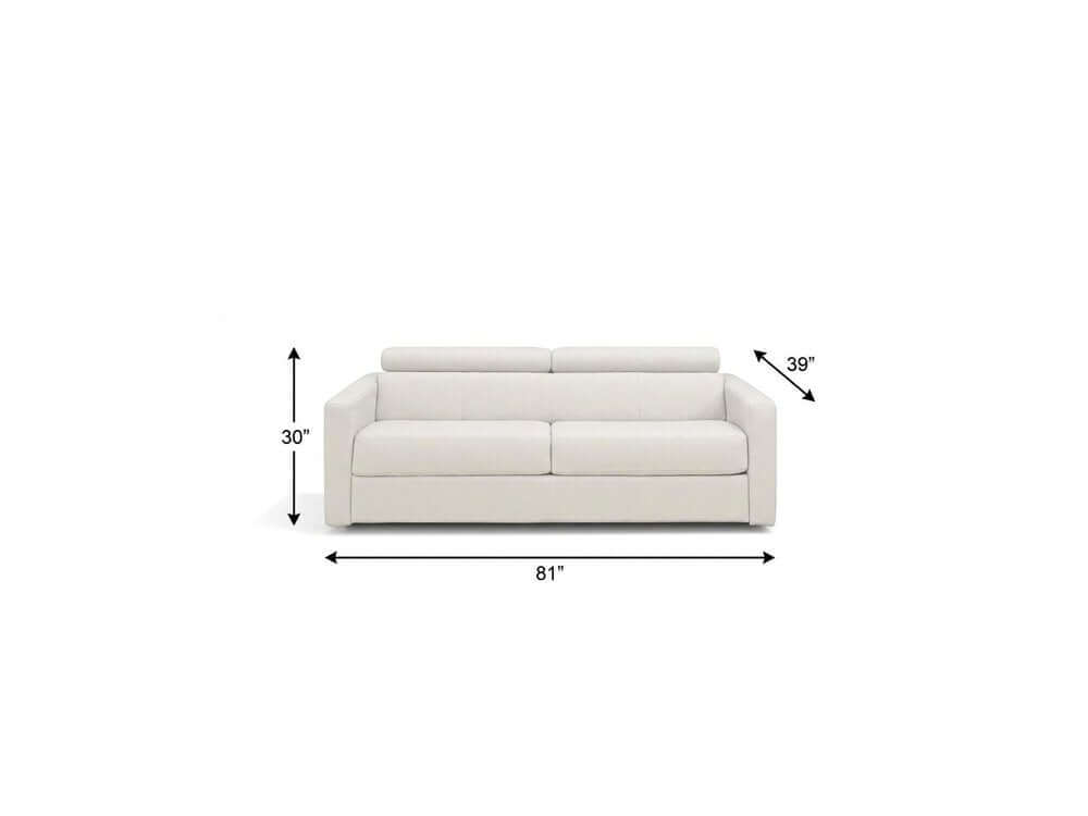 81" White Leather Sleeper Sofa dimensions showing 81" width, 30" height, and 39" depth for elegant lounging.