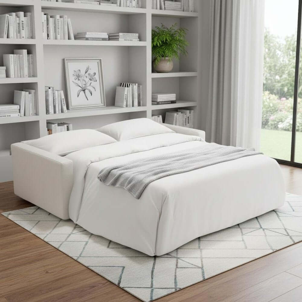 81" White Leather Sleeper Sofa in a modern living room with cozy bedding and stylish decor.