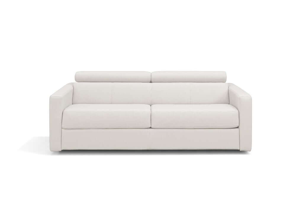 81" White Leather Sleeper Sofa with square arms, offering luxurious comfort and elegant design in a modern living space.