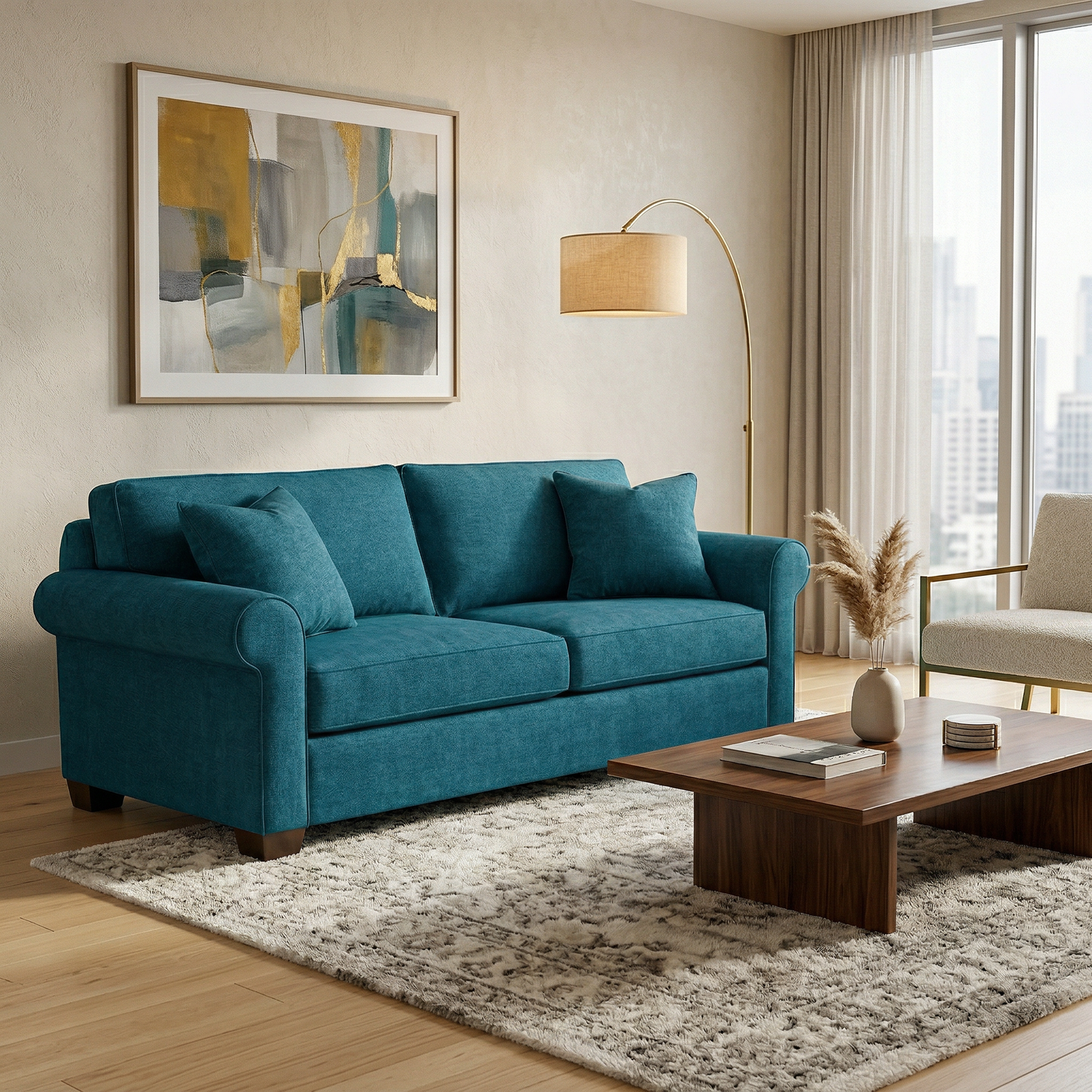 Irlanda Classic Sofa – 92" Rolled-Arm Made-in-USA Sofa - Velvet Antique Peacock - Velvet (1)