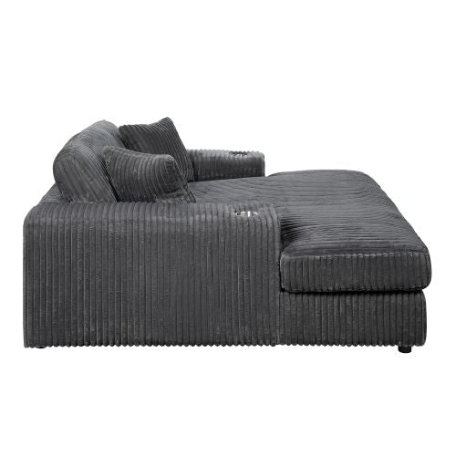 Oversized Gray Corduroy Deep Seat Chaise Lounge with Cup Holder &amp; 2 Pillows – Modern Comfy Accent Chair
