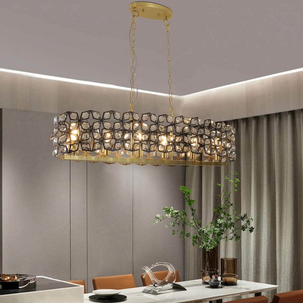 39" Contemporary Crystal and Black Gold Pendant Chandelier, Geometric Modern Light Fixture for Kitchen