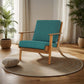 Connor Solid Wood Linen Armchair – Mid-Century Modern Lounge Chair (4 Colors) in teal fabric with teak wood frame.