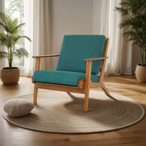 Connor Solid Wood Linen Armchair – Mid-Century Modern Lounge Chair (4 Colors) in teal fabric with teak wood frame.