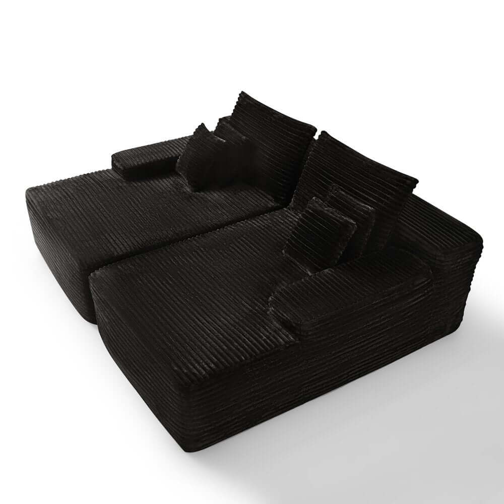 82" Black Corduroy Modular Deep Seat Sofa Chaise | Modern Lounge Sectional with plush texture and toss pillows.