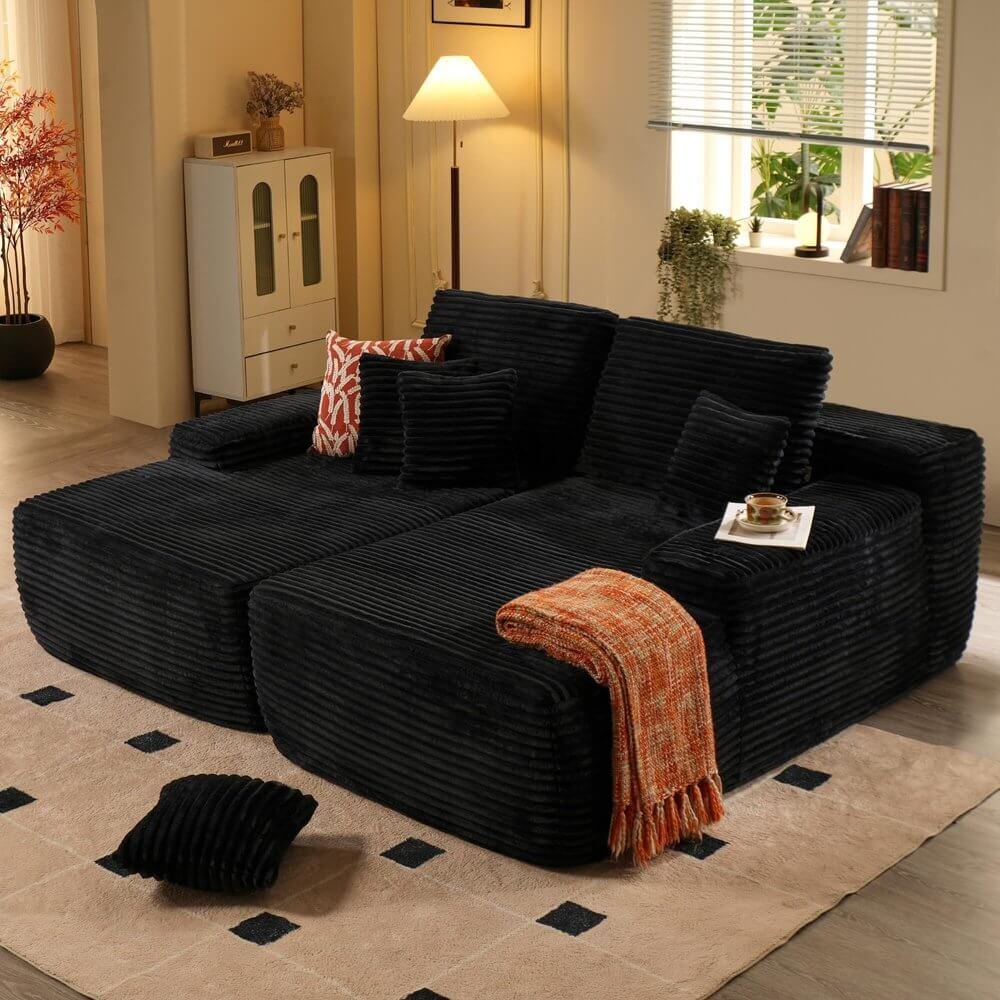 82" Black Corduroy Modular Deep Seat Sofa Chaise | Modern Lounge Sectional in a stylish living room setting.