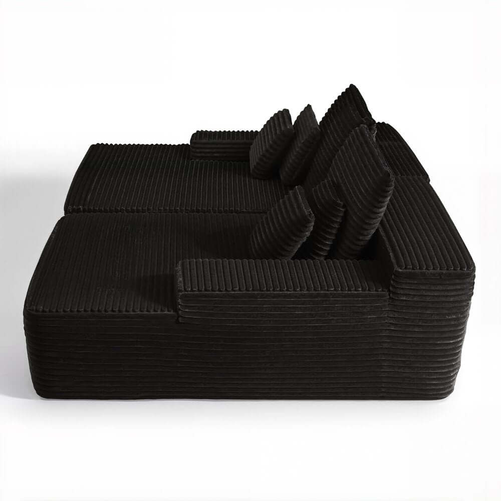 82" Black Corduroy Modular Deep Seat Sofa Chaise | Modern Lounge Sectional side view with plush texture and toss pillows.