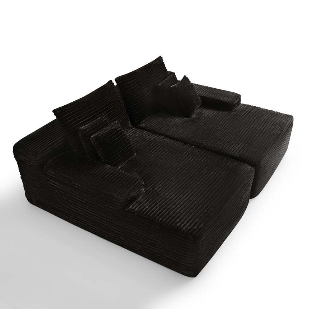 82" Black Corduroy Modular Deep Seat Sofa Chaise | Modern Lounge Sectional with plush texture and toss pillows.