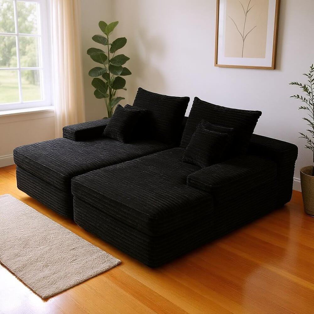 82" Black Corduroy Modular Deep Seat Sofa Chaise | Modern Lounge Sectional with plush texture and modern design.