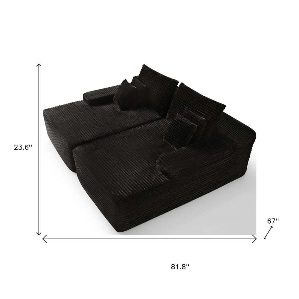 82" Black Corduroy Modular Deep Seat Sofa Chaise | Modern Lounge Sectional with dimensions and plush texture.
