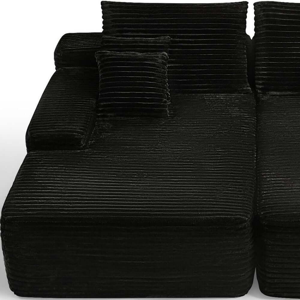 82" Black Corduroy Modular Deep Seat Sofa Chaise | Modern Lounge Sectional with plush texture and toss pillows.
