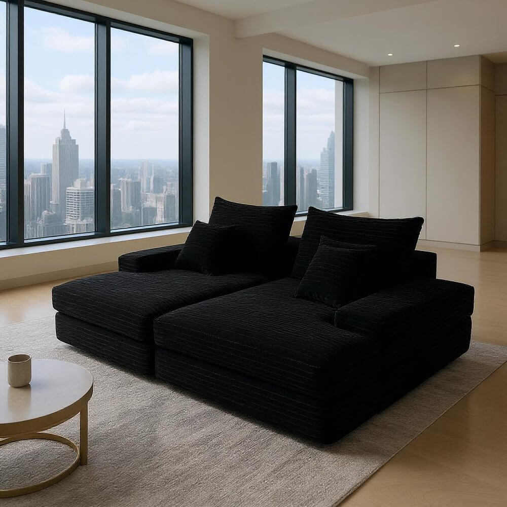 82" Black Corduroy Modular Deep Seat Sofa Chaise | Modern Lounge Sectional in a stylish contemporary living area.