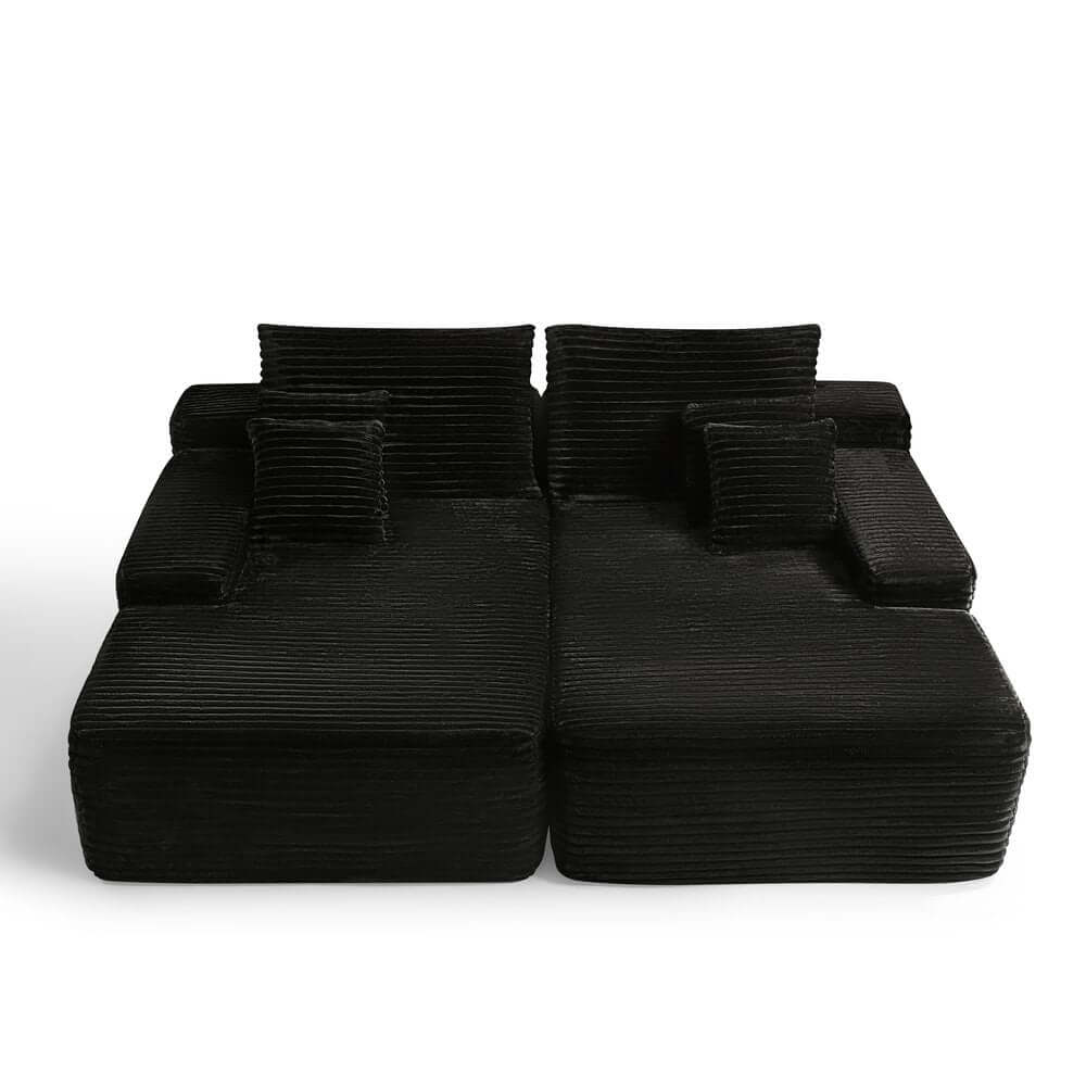 82" Black Corduroy Modular Deep Seat Sofa Chaise | Modern Lounge Sectional with toss pillows and plush texture.