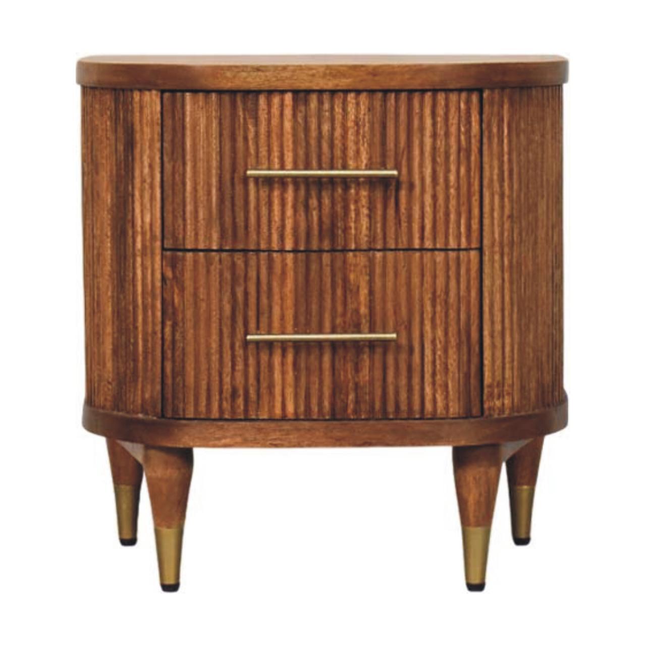 Warner Amber Oak Mango Wood Nightstand – 21.7" Ribbed 2-Drawer Bedside Table with Brass Accents